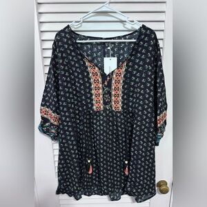 NWT Boho 18-20 Bloomchic Bandana Print Lantern Sleeve Tassels Tie Neck Blouse